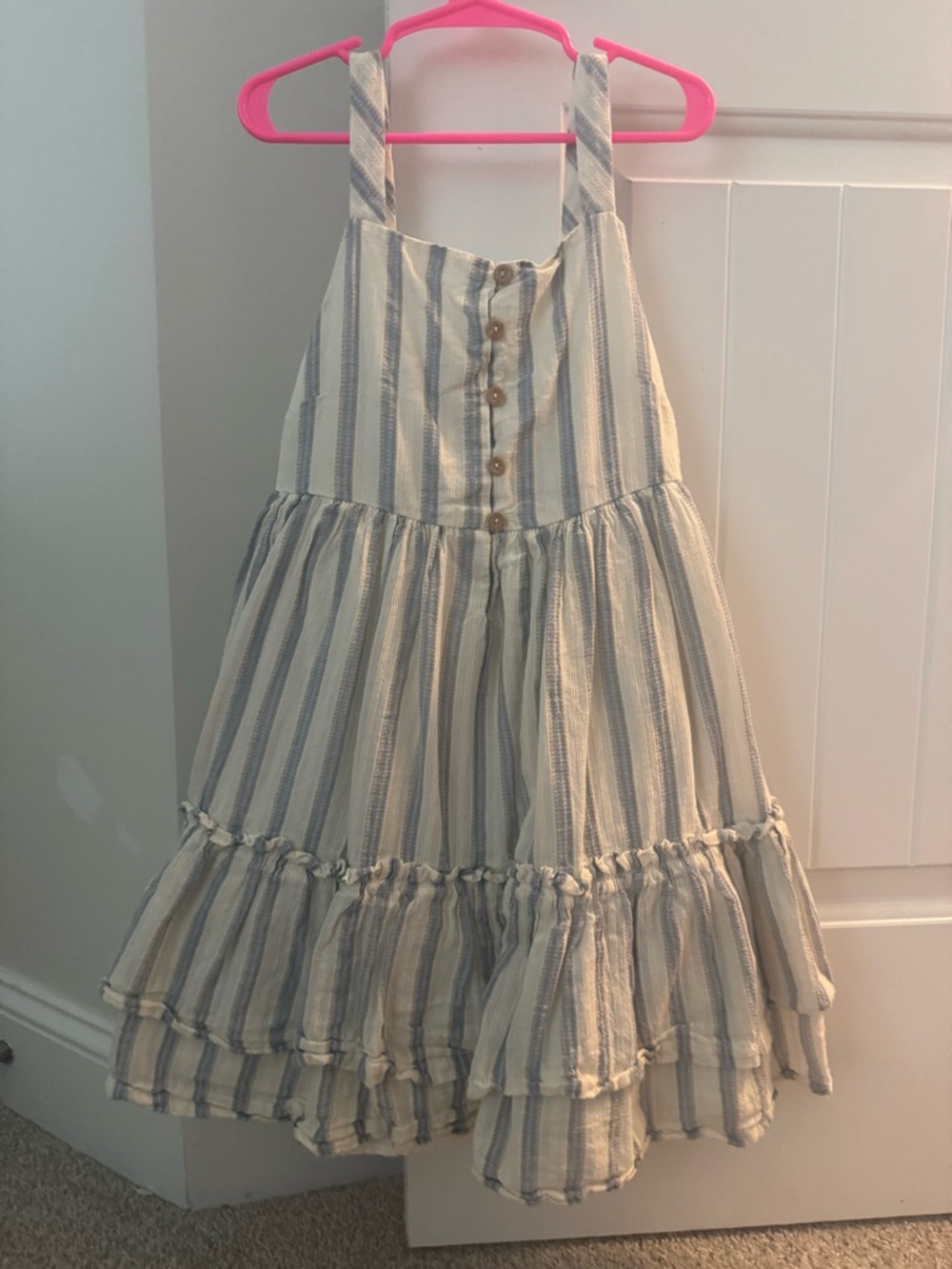 Girls Blue and Cream Striped Tiered Sundress with Button Front